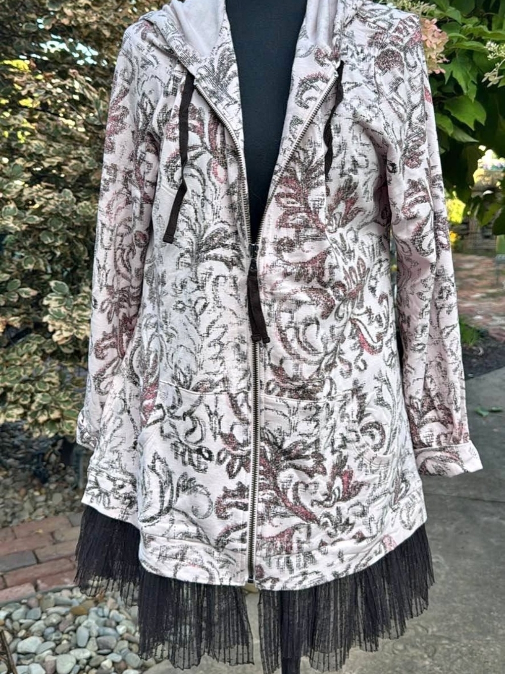Floral Hooded Zip Bomber Jacket in Light Pink and Gray